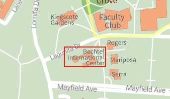 Location of Bechtel International Center indicated on screenshot of a Stanford campus map.