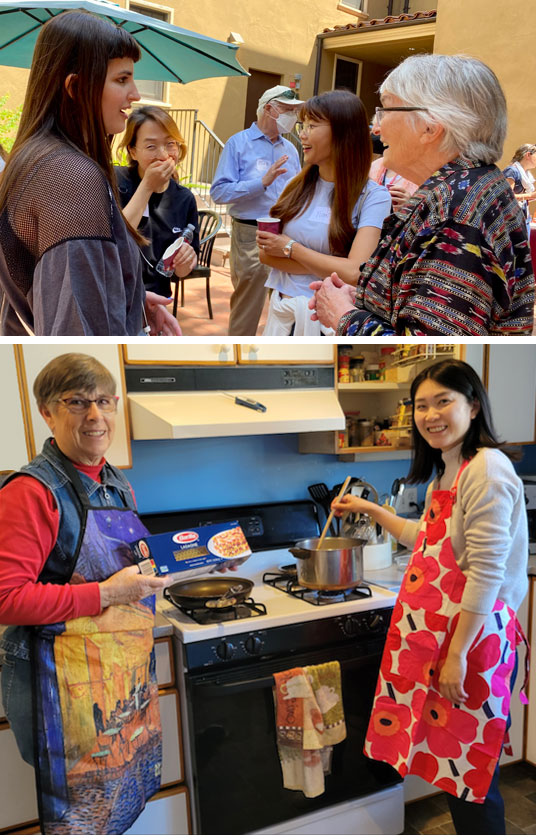 Top image: Internationals and volunteers socialize during Intl Spouse Coffee. Bottom image: Two woman in front of a stove. One is stirring a pot.